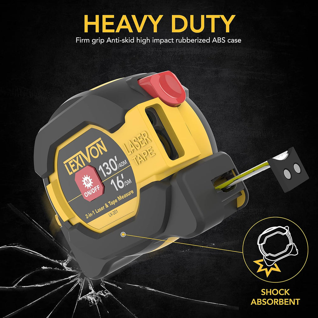 LEXIVON Cinta métrica láser digital 2 en 1 | Medidor de distancia láser de 40 m con pantalla LCD retroiluminada con cinta métrica AutoLock de 16 pies/5 m | Ft/pulgada/fracciones/M/mm (LX-201)