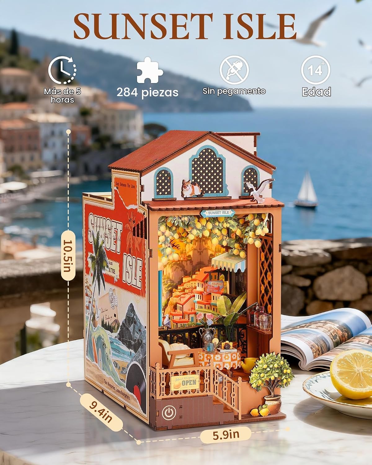Rolife Kit de rincón de libros para bricolaje, Isla del atardecer, rompecabezas 3D con temática costera de puesta de sol, kit de casa en miniatura, árbol de limón y decoración de vista al mar para