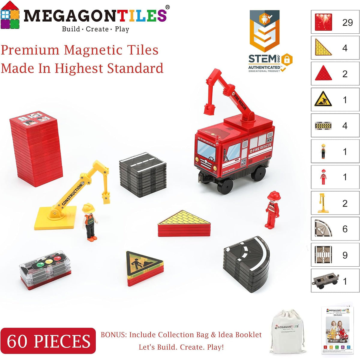 MEGAGONTILES Juego de 60 azulejos magnéticos para estación de bomberos | Bloques de construcción magnéticos STEM con camiones de bomberos y grúas | Juguete educativo de construcción para niños de 3 a 8 años | Compatible con todas las marcas de azulejos