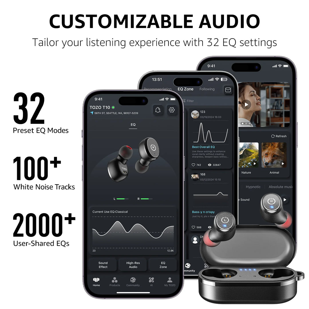 T10 Wireless Earbuds, Bluetooth Ear Buds, Stereo Bass in Ear Headphones, 55H Play, Active Noise Cancelling Mic, Wireless Charging Case, App 32EQ, IPX8 Waterproof, Black