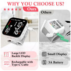 Blood Pressure Monitor, Wrist Pressure LCD Display Automatic Voice Pulsometer Sphygmomanometer, Rechargable Heart Health BP Monitor for Home Travel Use,White