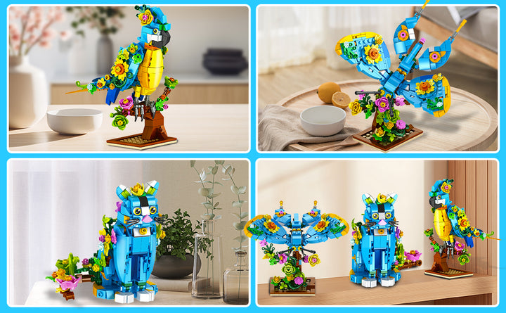Juego de construcción 3 en 1 diseño de flores gatos loros