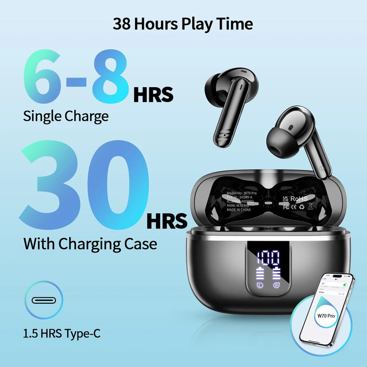 Wireless Bluetooth Earbuds, Noise Cancelling Headphones with Deep Bass Stereo, 38H Playtime, LED Display, Waterproof in Ear Buds Earphone with Mic for Iphone Android Sports Workout, Black