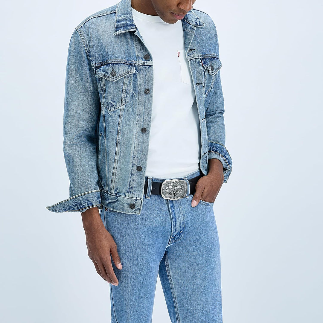 Levi's Cinturón de cuero para hombre con hebilla de placa extra...