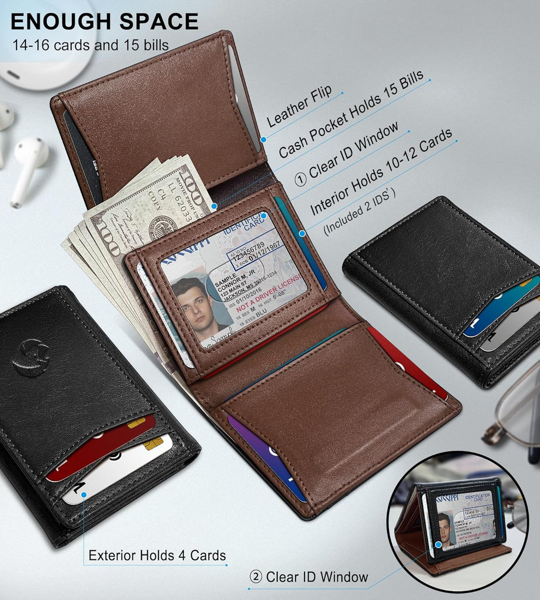 Housmai Billetera de cuero triple para hombre, con bolsillo para ef...