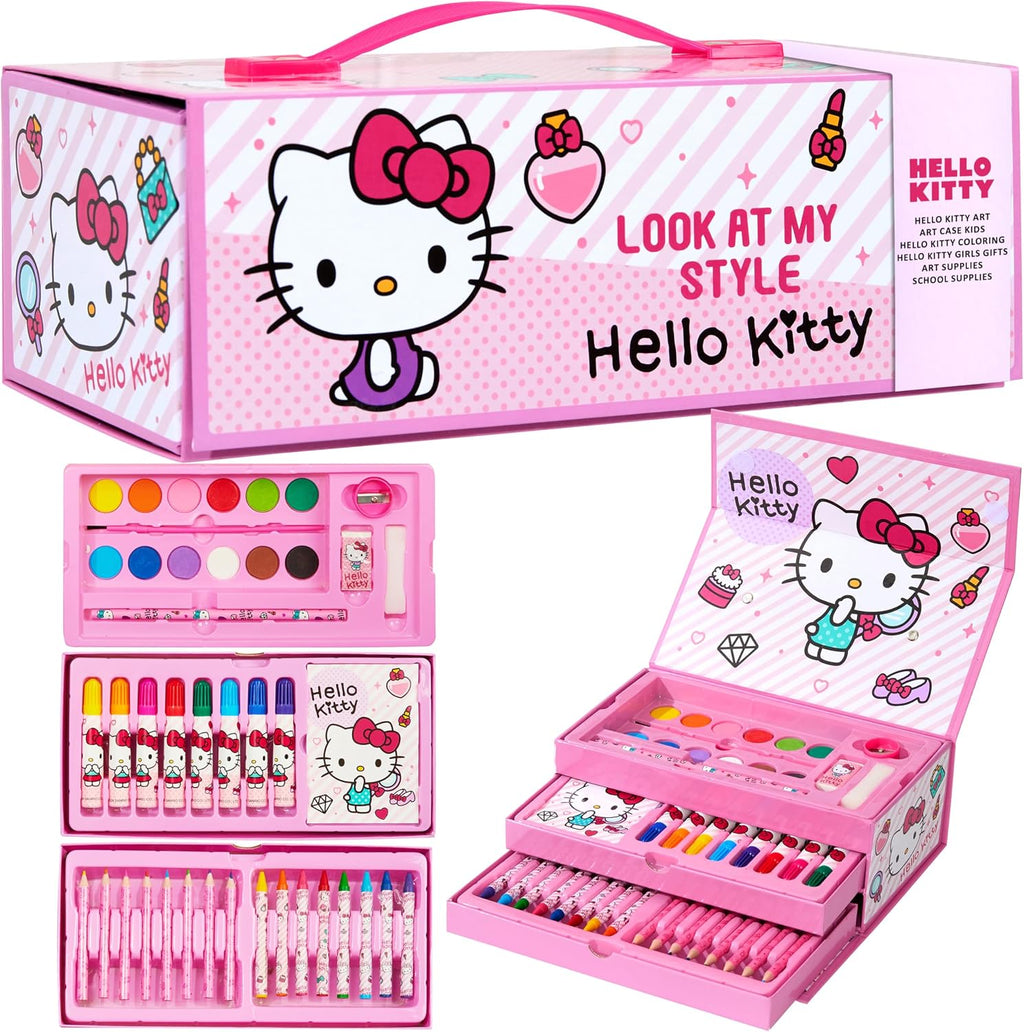 Hello Kitty Lápices de colores, suministros de arte, kit de dibujo para niños, suministros escolares, kit de pintura, lápices de dibujo para niñas, kit de arte, estuche de viaje con crayones para
