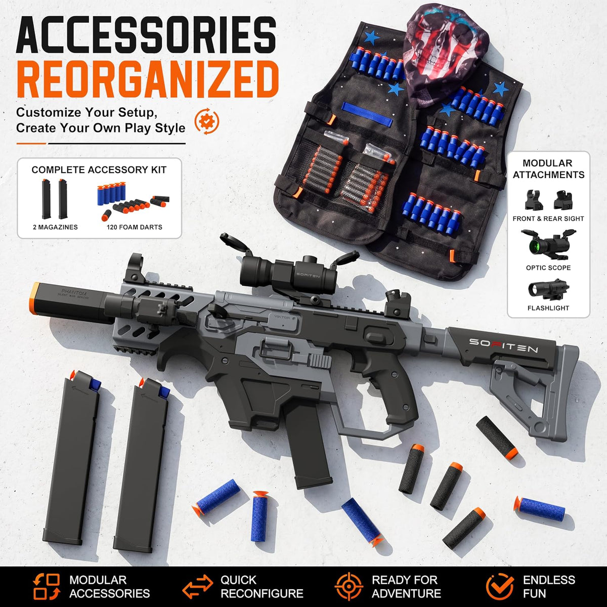 SOFITEN Pistola de juguete con rifle de francotirador automático con kit de chaleco táctico, juguete de alcance, juguetes de dardos de espuma con 120 dardos IR y linterna, juego de actividades al aire libre, regalo de cumpleaños y Navidad para niños a par
