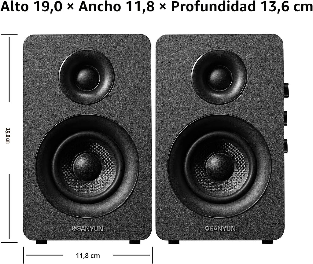 Sanyun SW208 bocinas de estantería activas Bluetooth 5.0 de 3" – Unidad de altavoz de fibra de carbono de 60W - DAC de 24 bits incorporado - Sonido envolvente 3D dinámico – Bocinas de 2.0 para PC de