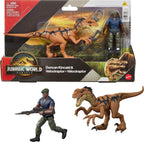 Mattel Jurassic World Rebirth - Paquete de figuras de humanos y dinosaurios, Duncan Kincaid y Velociraptor, escala precisa de la película de 3.75 pulgadas, coleccionable
