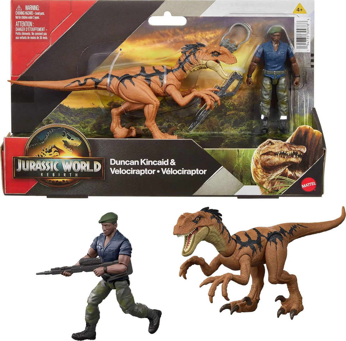 Mattel Jurassic World Rebirth - Paquete de figuras de humanos y dinosaurios, Duncan Kincaid y Velociraptor, escala precisa de la película de 3.75 pulgadas, coleccionable