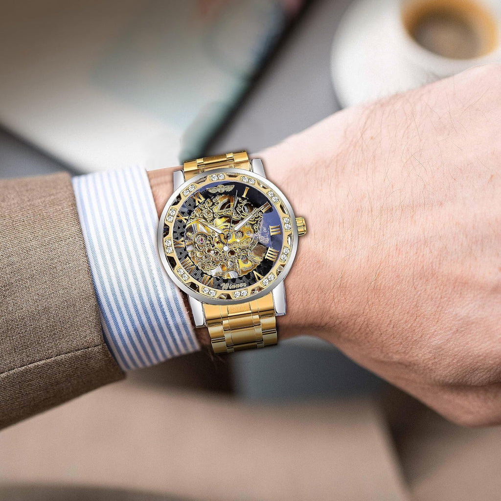 Winner Reloj de esqueleto mecánico manual retro con diamante y tallado de flores artesanales para hombre, reloj de pulsera mecánico clásico con número romano