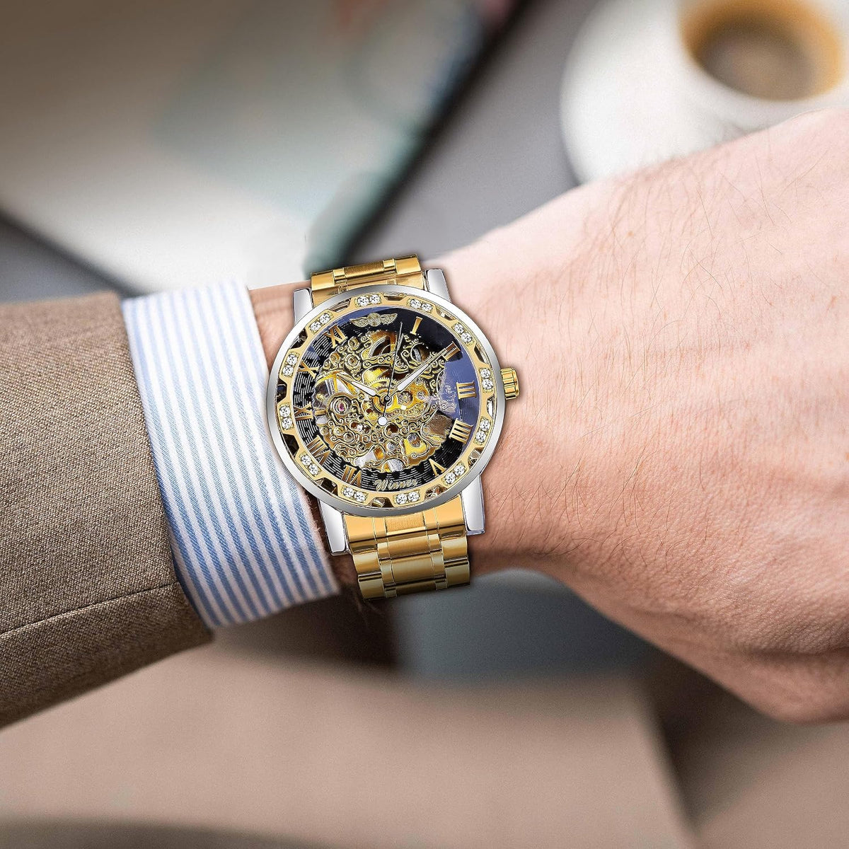 Winner Reloj de esqueleto mecánico manual retro con diamante y tallado de flores artesanales para hombre, reloj de pulsera mecánico clásico con número romano