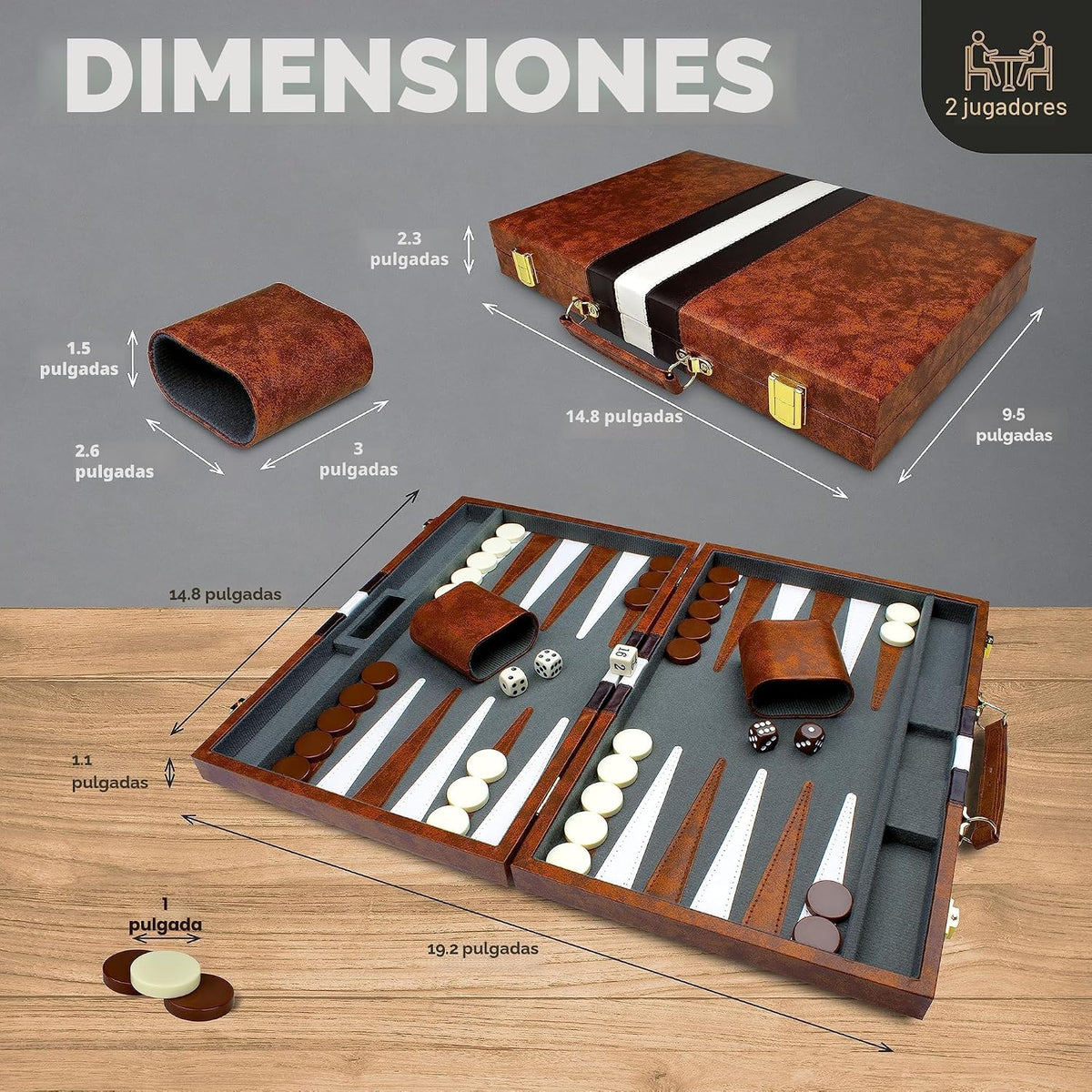 Juegos de Backgammon Grandes para Adultos - Juegos de Mesa Clásicos para 2 Jugadores Adultos y Niños - Juego de Backgammon Premium Tablero de 15 Pulgadas y 32 Piezas de Backgammon en Estuche de Cuero
