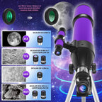 Telescopio, telescopio para adultos y niños y principiantes de astronomía, 3.150 in de apertura de 23.622 in telescopios refractores portátiles FMC óptica con trípode de montaje AZ
