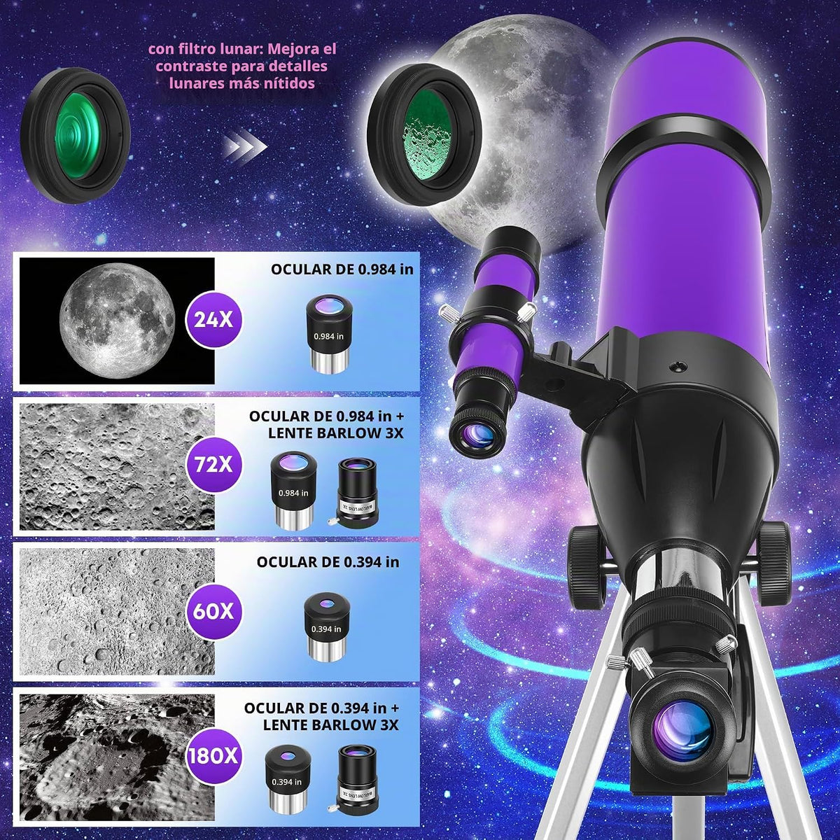 Telescopio, telescopio para adultos y niños y principiantes de astronomía, 3.150 in de apertura de 23.622 in telescopios refractores portátiles FMC óptica con trípode de montaje AZ