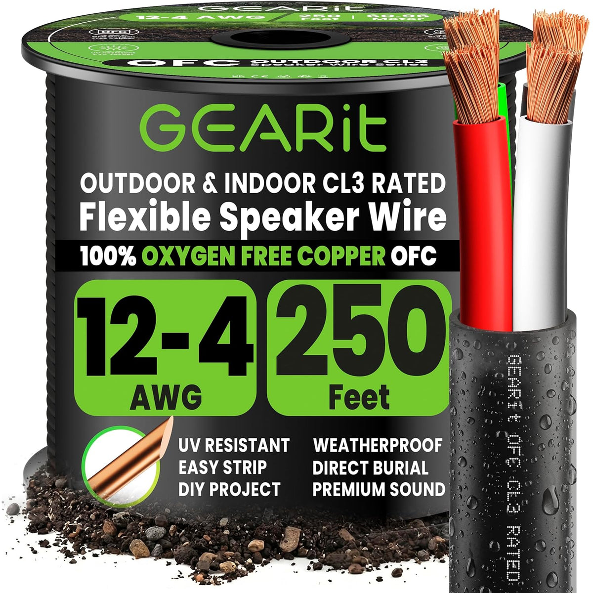 GEARit - Cable de altavoz para exteriores calibre 12, cable de altavoz OFC de 250 pies, clasificación UL CL3