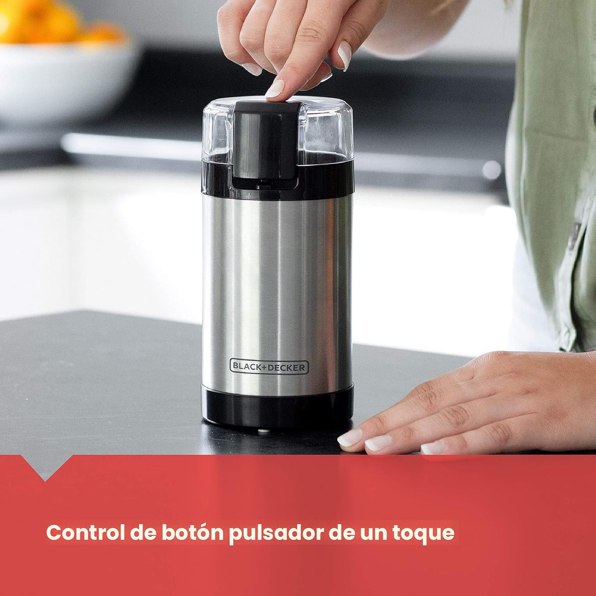 negro+DECKER Molinillo de Café One Touch, Capacidad de 2/3 taza para granos de café, Molinillo de Especias, Control de Botón de Un Toque -150 W -Cuchillas de Acero Inoxidable