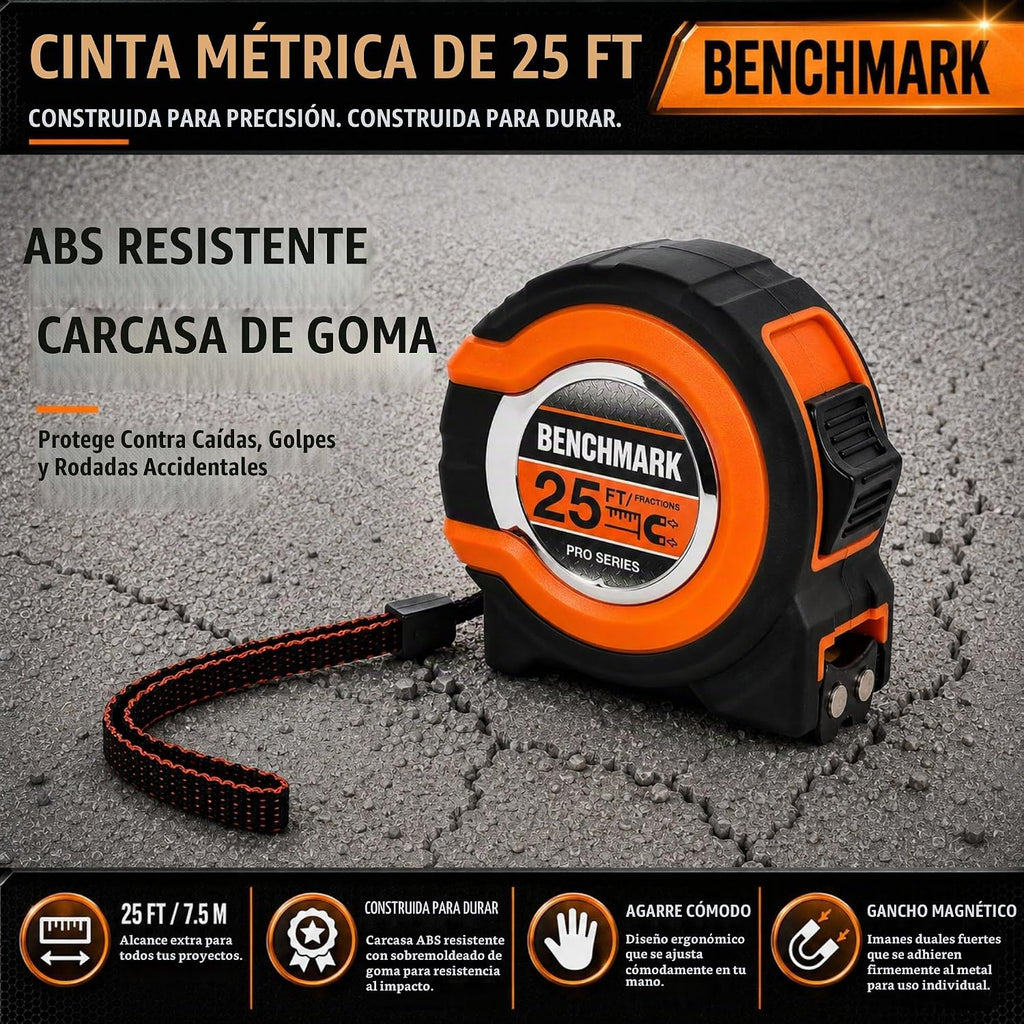 Benchmark - Paquete de 3 - Cinta métrica de 25 pies - Fracciones fáciles de leer a 1/8 de pulgada - Punta magnética - Pulgar y bloqueo rápido - Autowind - Clip para cinturón - Naranja/Rojo