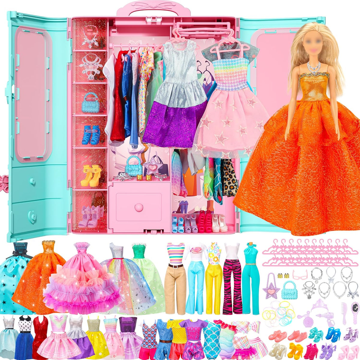 Style Shine 70 piezas de armario de muñeca con ropa y accesorios, incluyendo 2 vestidos de novia, 6 vestidos de moda, 2 conjuntos casuales, 2 trajes de baño, 10 zapatos, 20 perchas, 27 accesorios