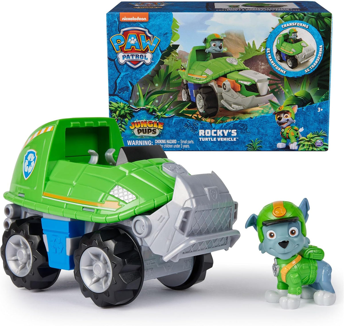 PAW Patrol Jungle Pups Vehículo Tortuga Mordedora de Rocky y Figura de Acción