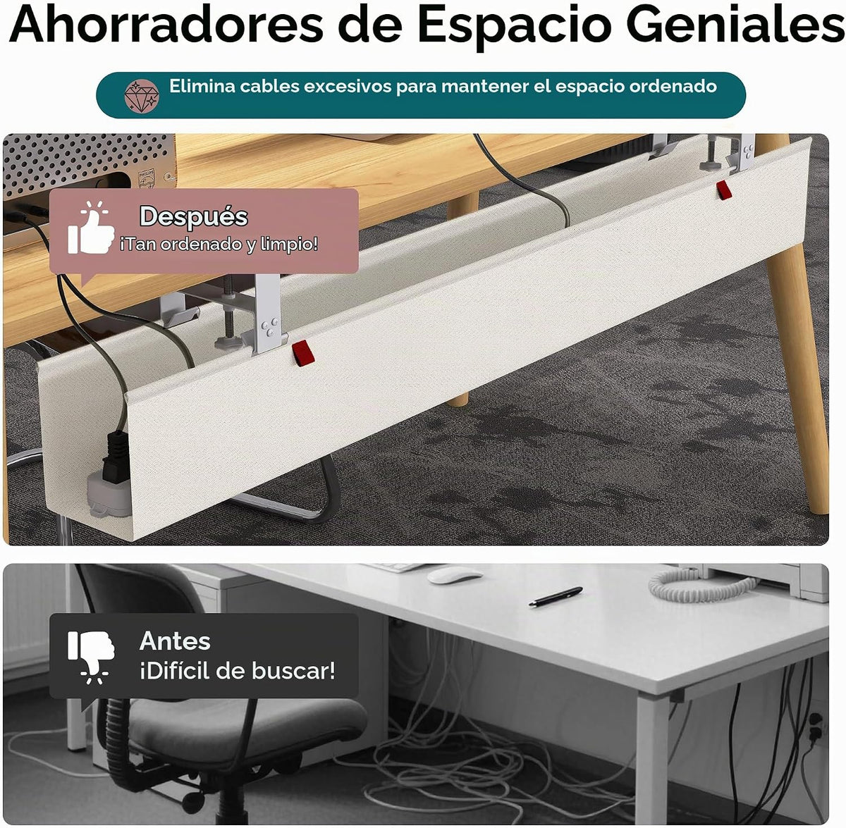 Bandeja extra grande de gestión de cables de 48" para debajo del escritorio, abrazadera sin taladro para ocultar cables, organizador de cables resistente anticaída, bandeja para cables para estudio y monitores duales (Beige, 47.8")
