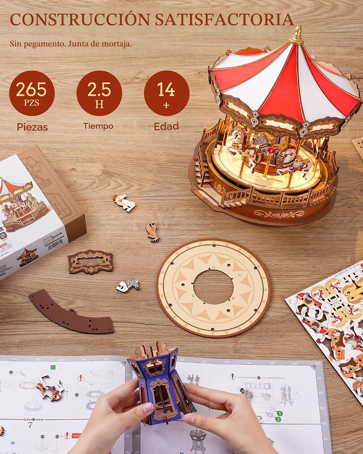 Rolife Rompecabezas de madera 3D de bricolaje para adultos, rompecabezas de madera de carrusel clásico, cajas de música, para niñas princesas, adolescentes, pasatiempos creativos, manualidades, juguetes, kits de construcción de modelos