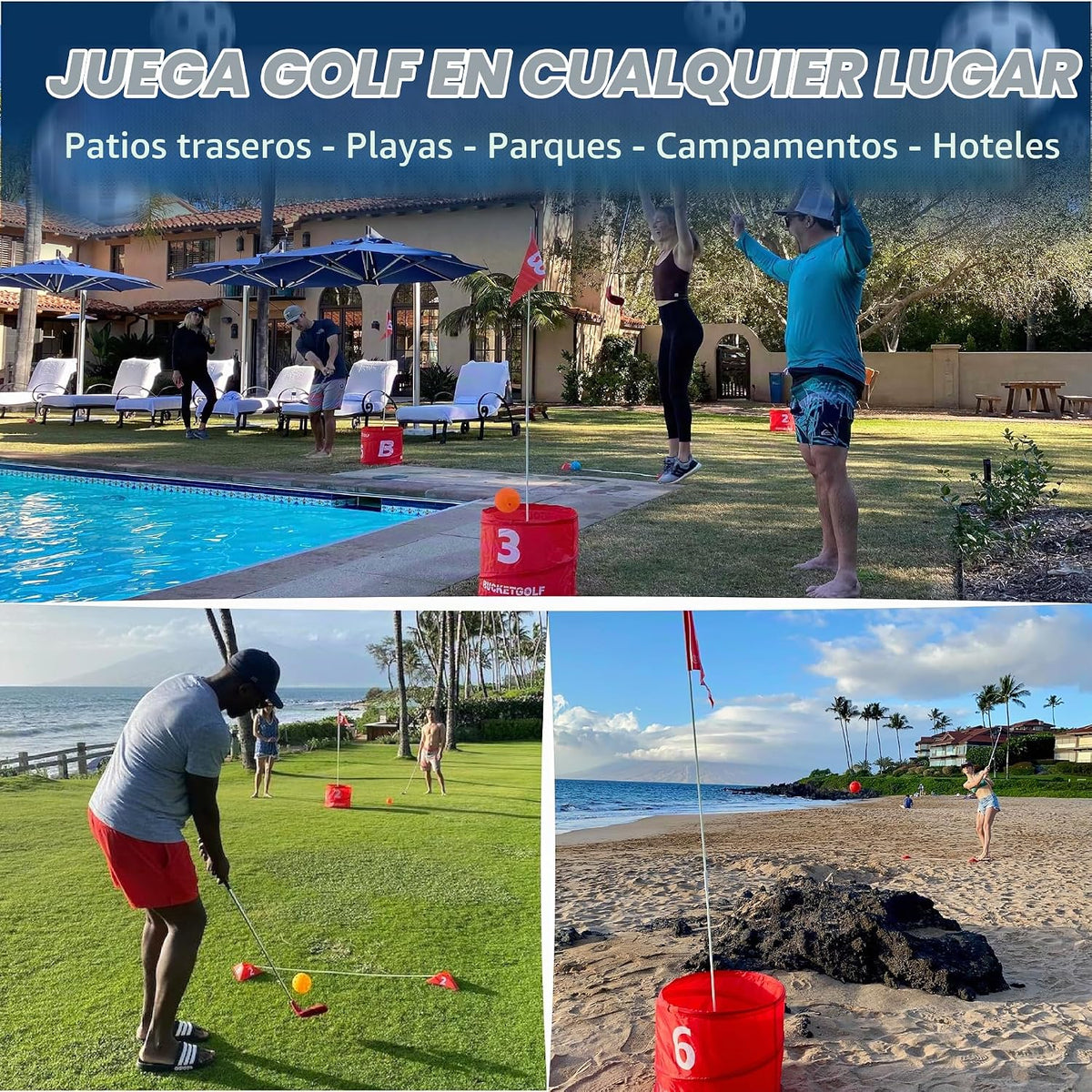BUCKETGOLF Paquete de 6 agujeros con palos, juego de golf para patio