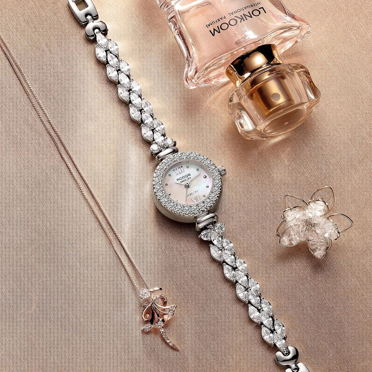 ROCOSJEWE S2020 Reloj de pulsera de lujo con diamantes para mujer, reloj de vestir plateado para mujer, reloj de pulsera de esfera natural con esfera de madreperla pequeña, movimiento de cuarzo, joyería de moda