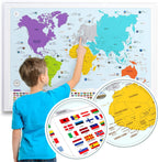 Mapa del mundo colorido con banderas y mayúsculas + 50 datos interesantes – Póster de arte de pared XL para el hogar y el aula – Educativo para niños y adultos