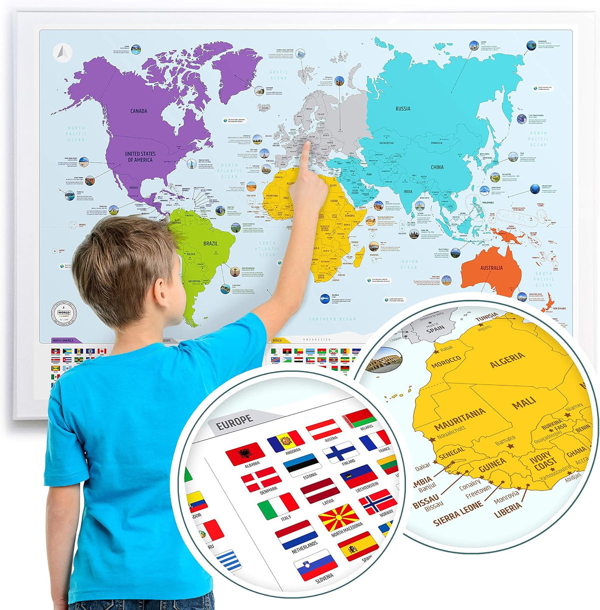 Mapa del mundo colorido con banderas y mayúsculas + 50 datos interesantes – Póster de arte de pared XL para el hogar y el aula – Educativo para niños y adultos