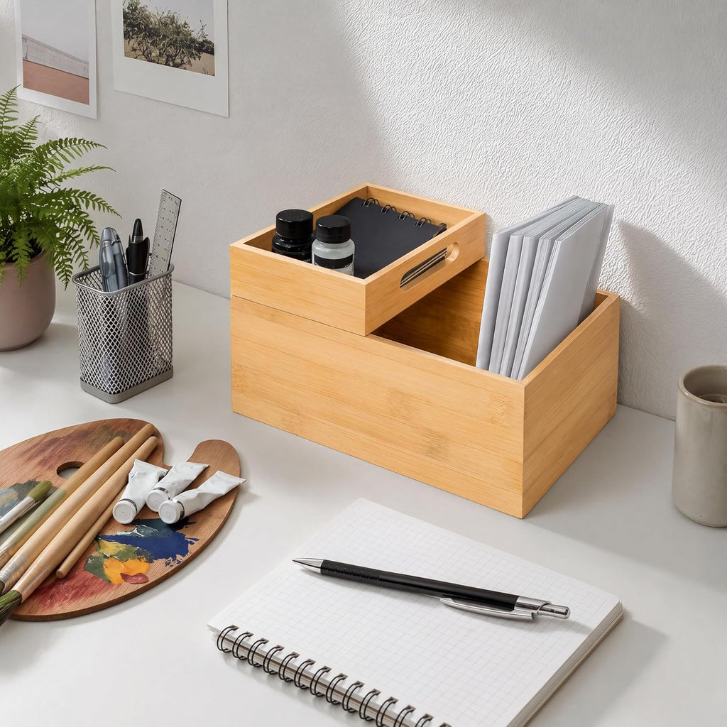 HOMESTEAD - Caja de almacenamiento apilable de bambú de 3 piezas, contenedor de almacenamiento grande, cajas de madera para cajones de maquillaje, baño, suministros de oficina, utensilios de cocina