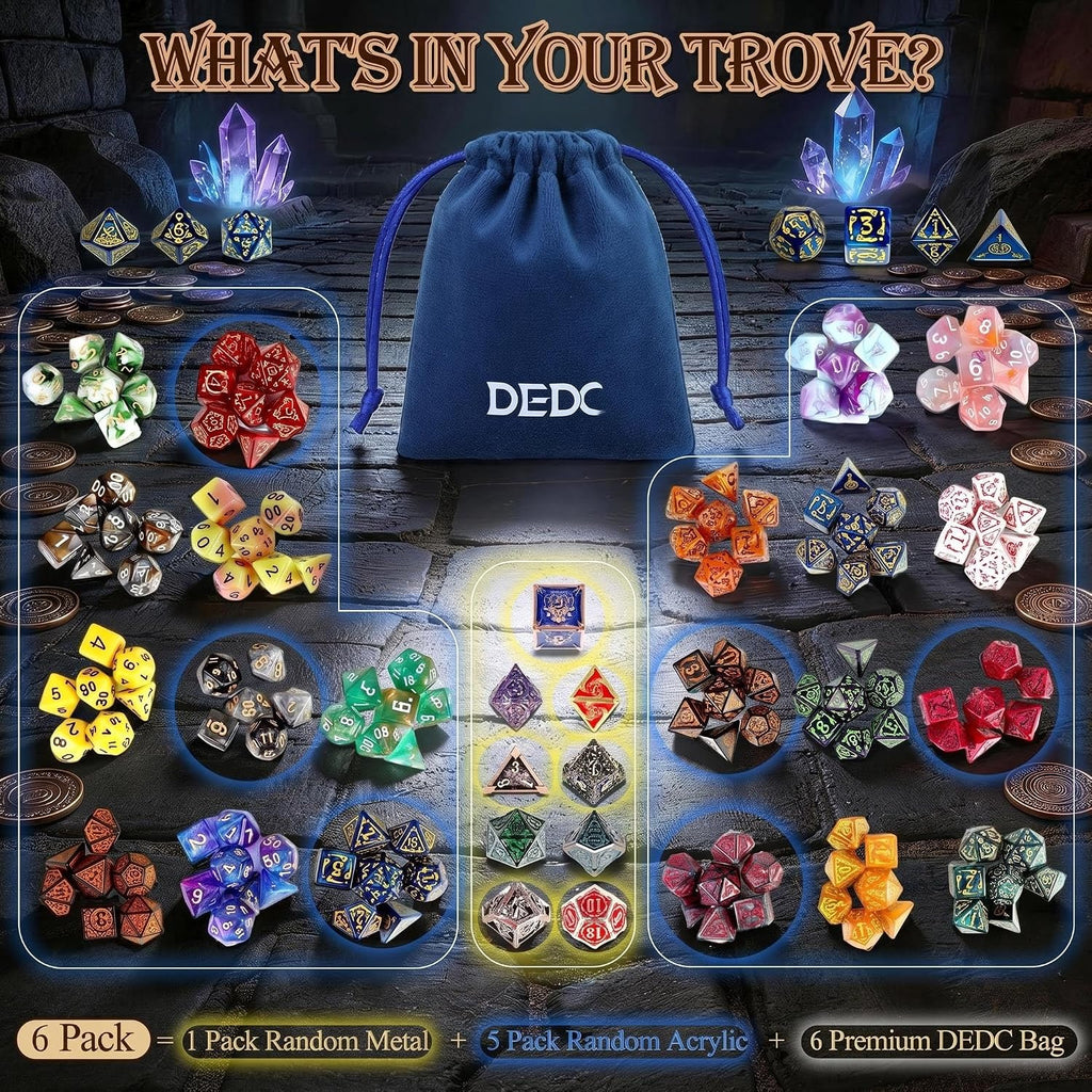 DEDC Set de 42 DADOS DND, 6 Bolsas Misterio para Goblins de Dados y Juegos RPG