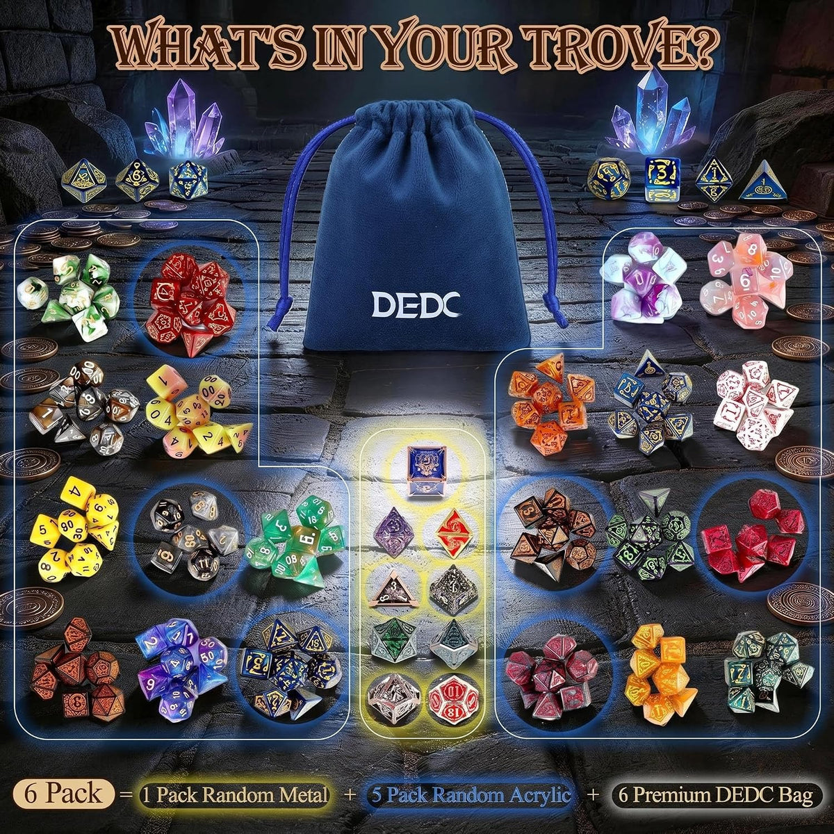 DEDC Set de 42 DADOS DND, 6 Bolsas Misterio para Goblins de Dados y Juegos RPG