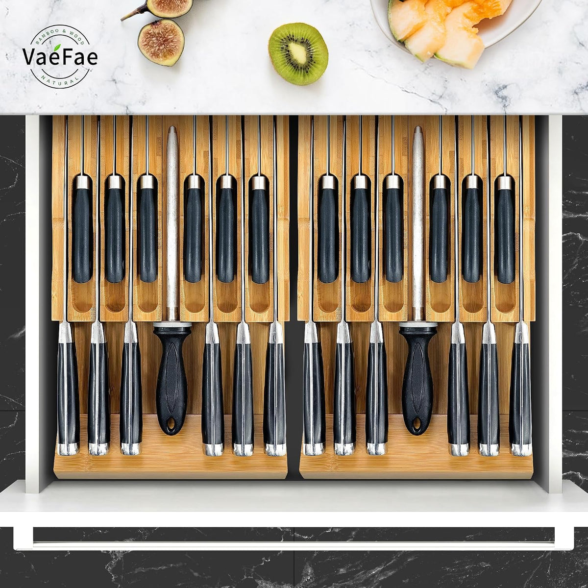 VaeFae Organizador de cajones de cuchillos de bambú, organizador de cajones de cuchillos, bloque de cuchillos de cocina para 12 cuchillos y una ranura PLUS para tu afilador de cuchillos (sin