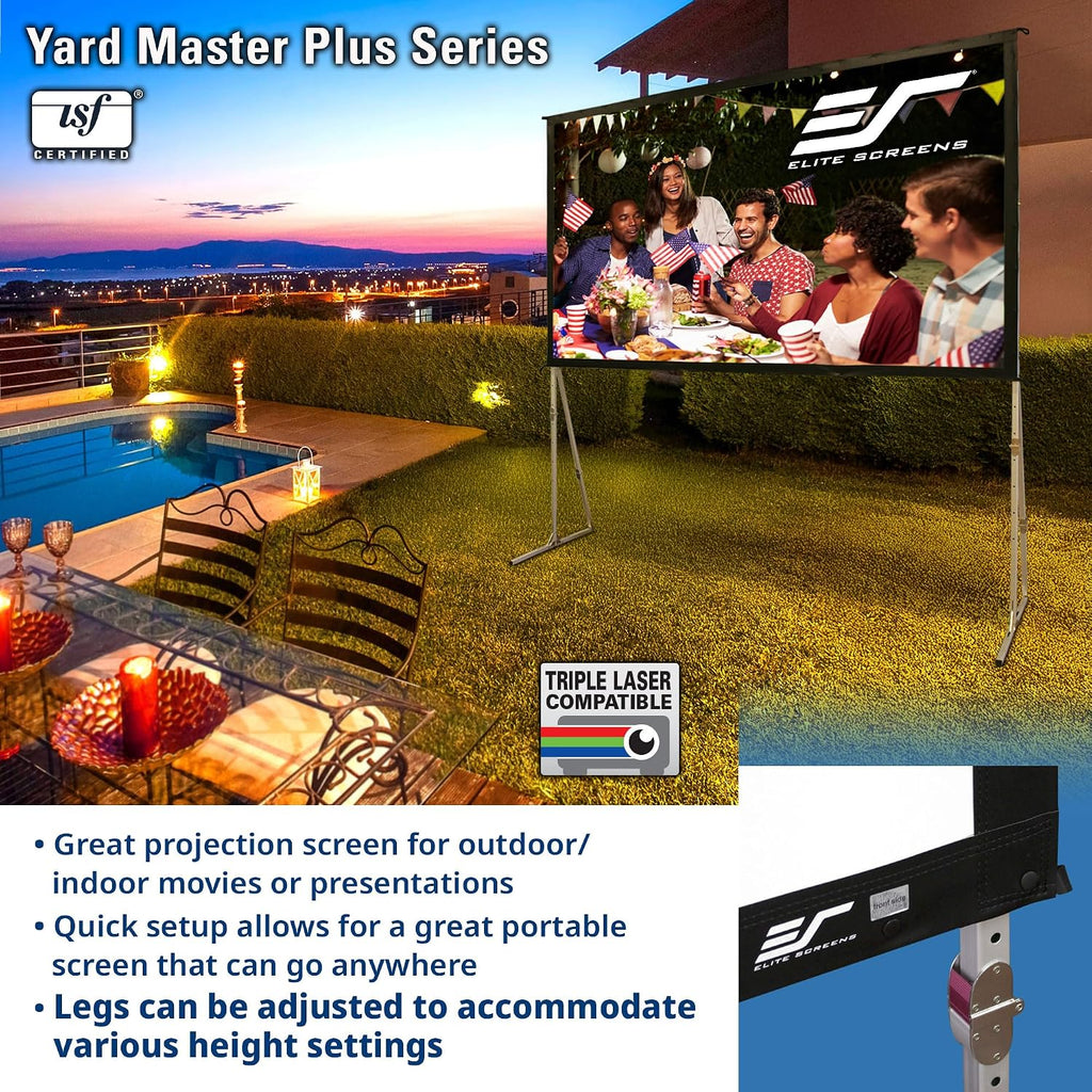 Elite Screens Yard Master Plus, pantalla portátil ajustable en altura de 145 pulgadas 16:9, pantalla de proyección para cine al aire libre y en interiores, 4K HD, proyección frontal, empresa con sede