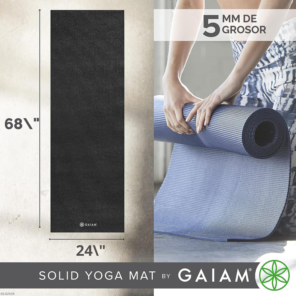 Gaiam - Esterilla de yoga de calidad superior de 5mm, lisa, gruesa y antideslizante para todo tipo de ejercicios de yoga, pilates y gimnasia (173 cm x 61 cm x 5 mm)