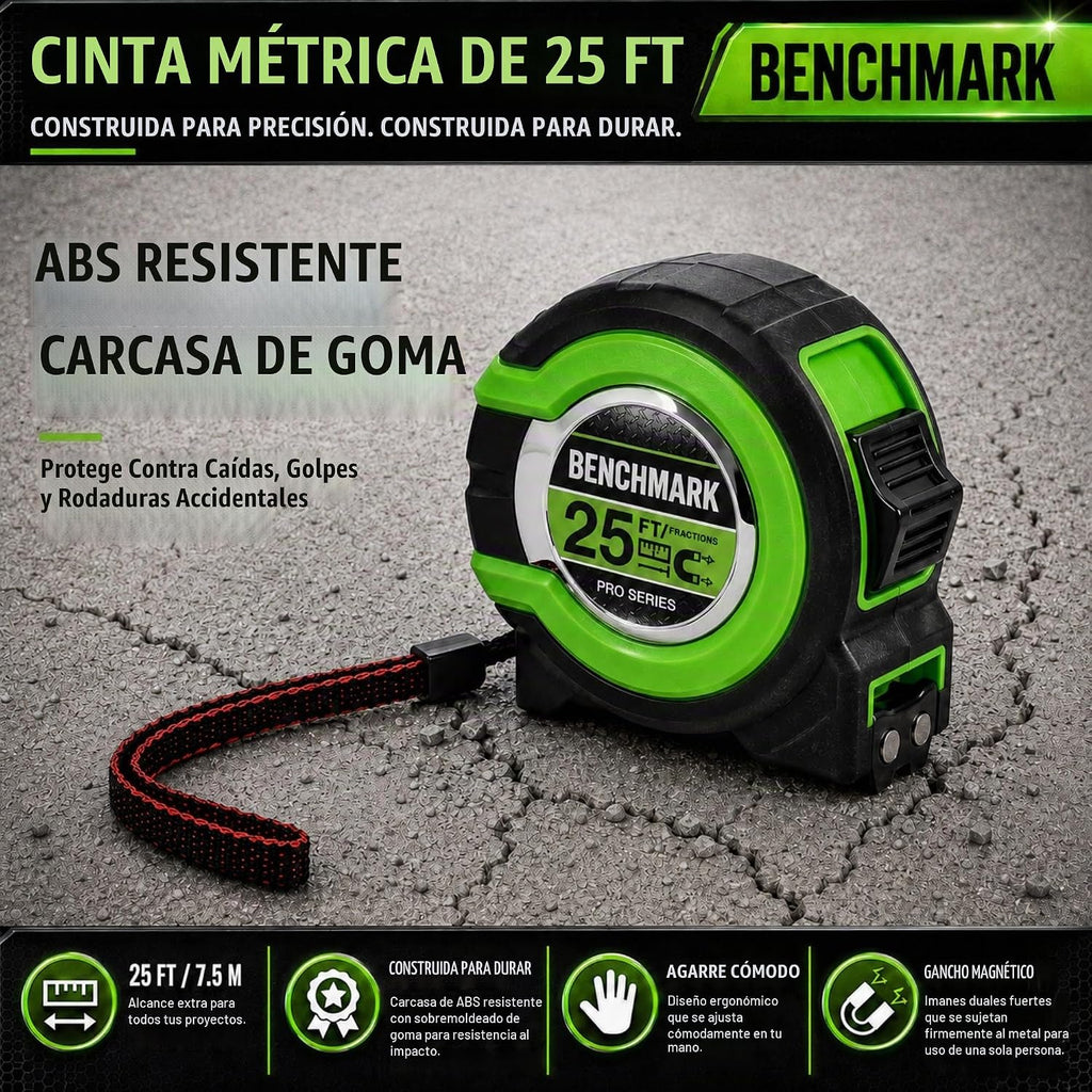 3 Pack - Cintas métricas de 25 ft - Fracciones fáciles de leer hasta 1/8 pulgada - Punta magnética - Puño y bloqueo rápido - Autovuelta - Clip de cinturón - Verde - Cinta métrica retráctil