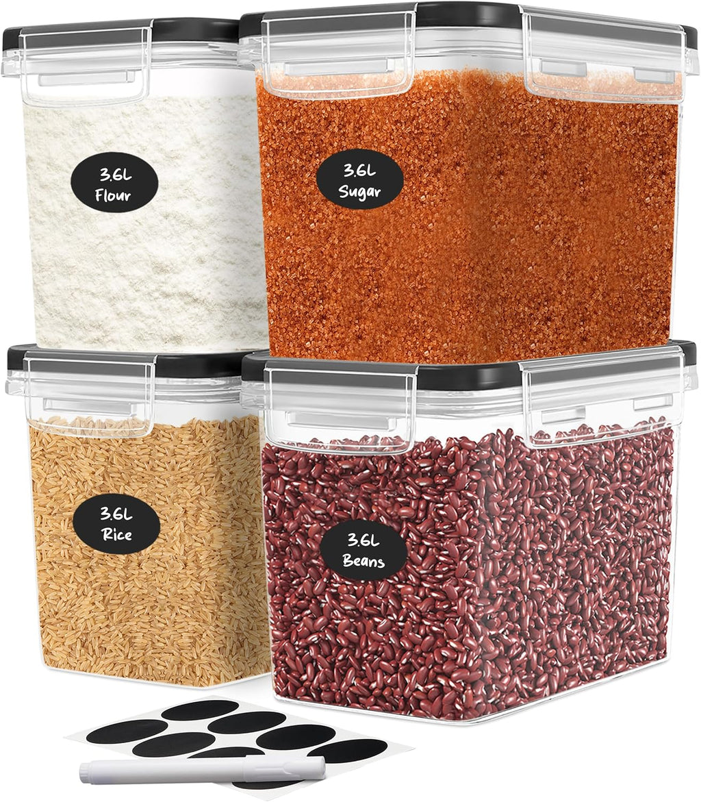 DWËLLZA KITCHEN Juego de 4 recipientes de almacenamiento de harina y azúcar, recipientes herméticos de plástico de 3.6 L con tapas para organización y almacenamiento de despensa de cocina