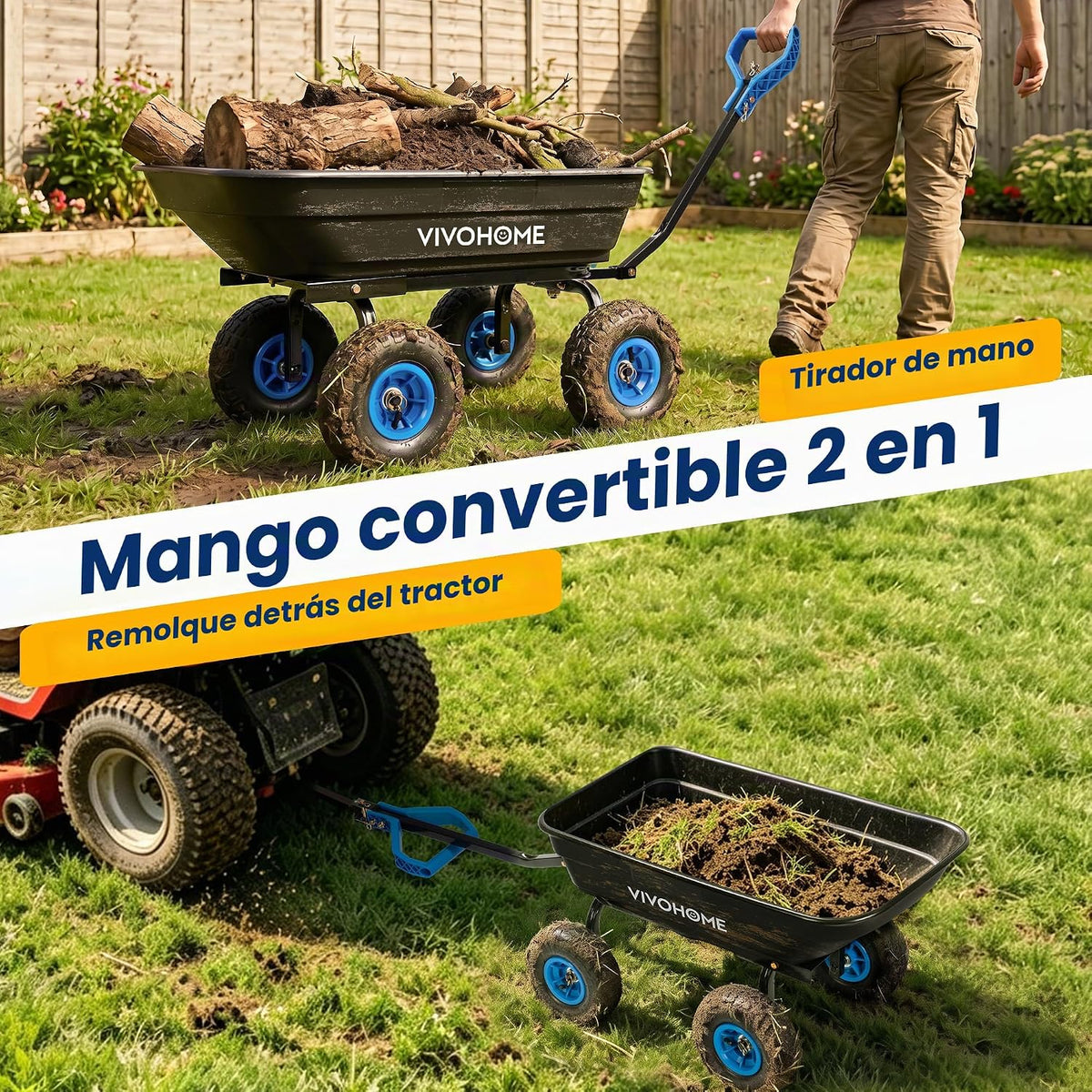 VIVOHOME Carro de jardín con carretilla de 660 libras con mango convertible