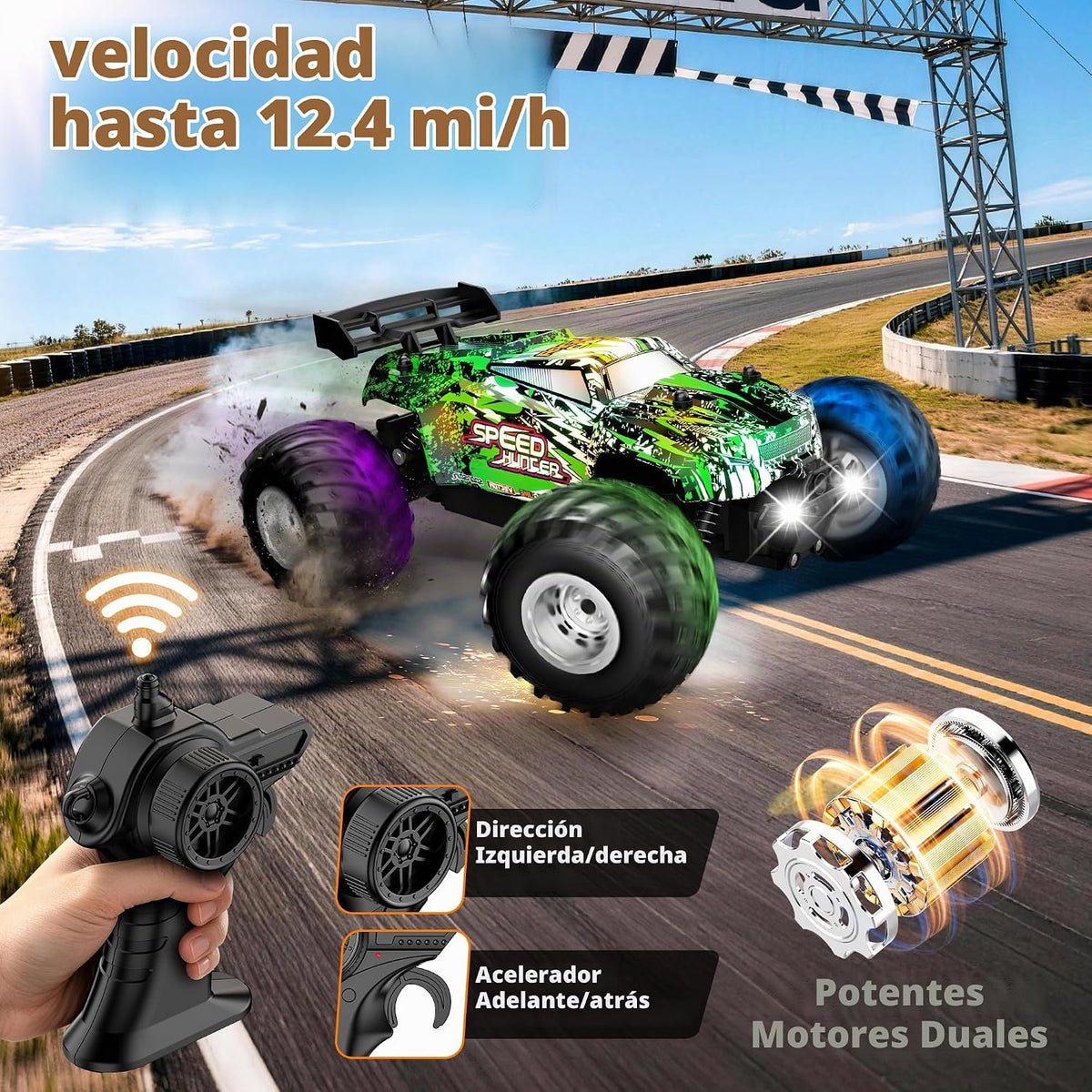Coche de control remoto todo terreno 1:18 Rc coche con luces LED 2 baterías