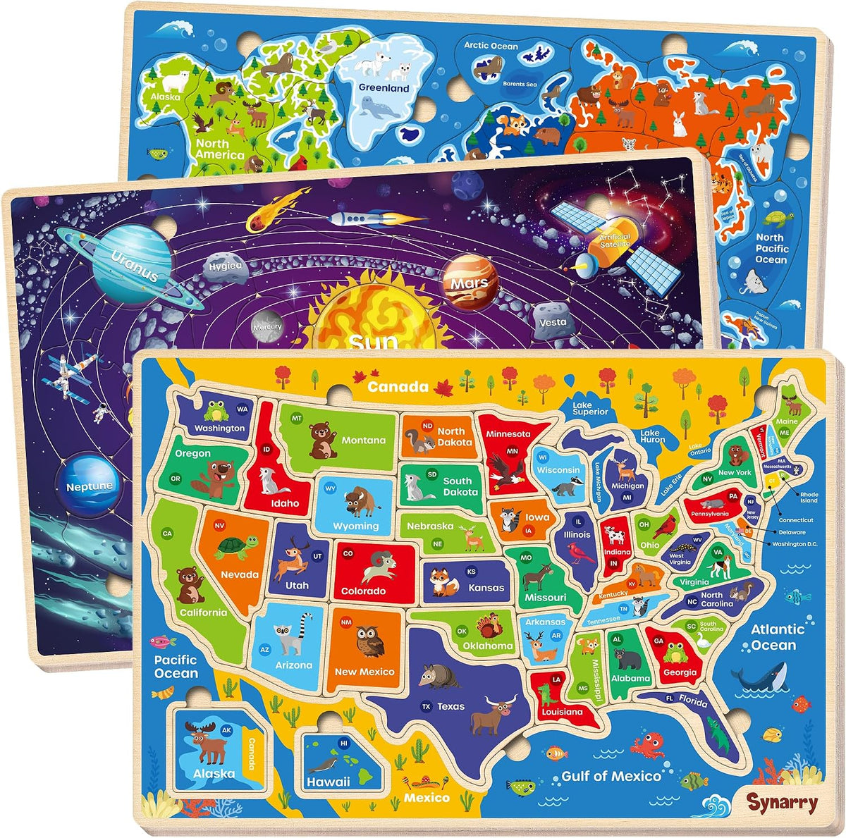 SYNARRY Rompecabezas grandes de madera del mundo de Estados Unidos para niños, Mapa del Mundo