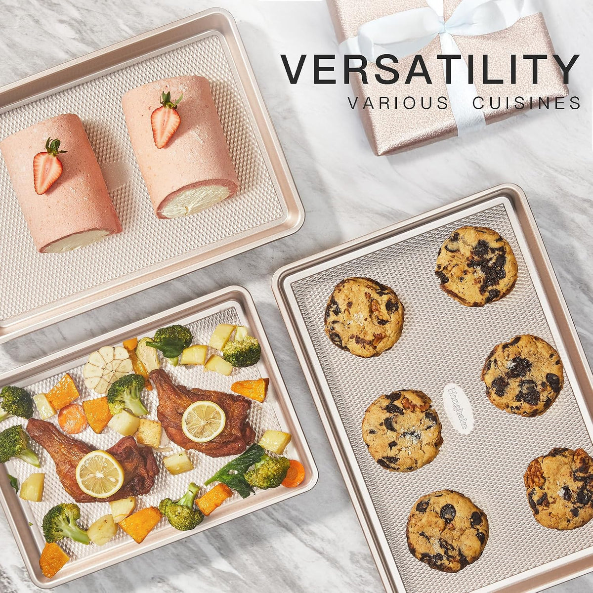 Juego de 3 bandejas para hornear, bandejas de galletas para horno, antiadherentes de medio cuarto / gelatina con patrón de textura de diamante, bandeja de galletas resistente de 0.031 in de