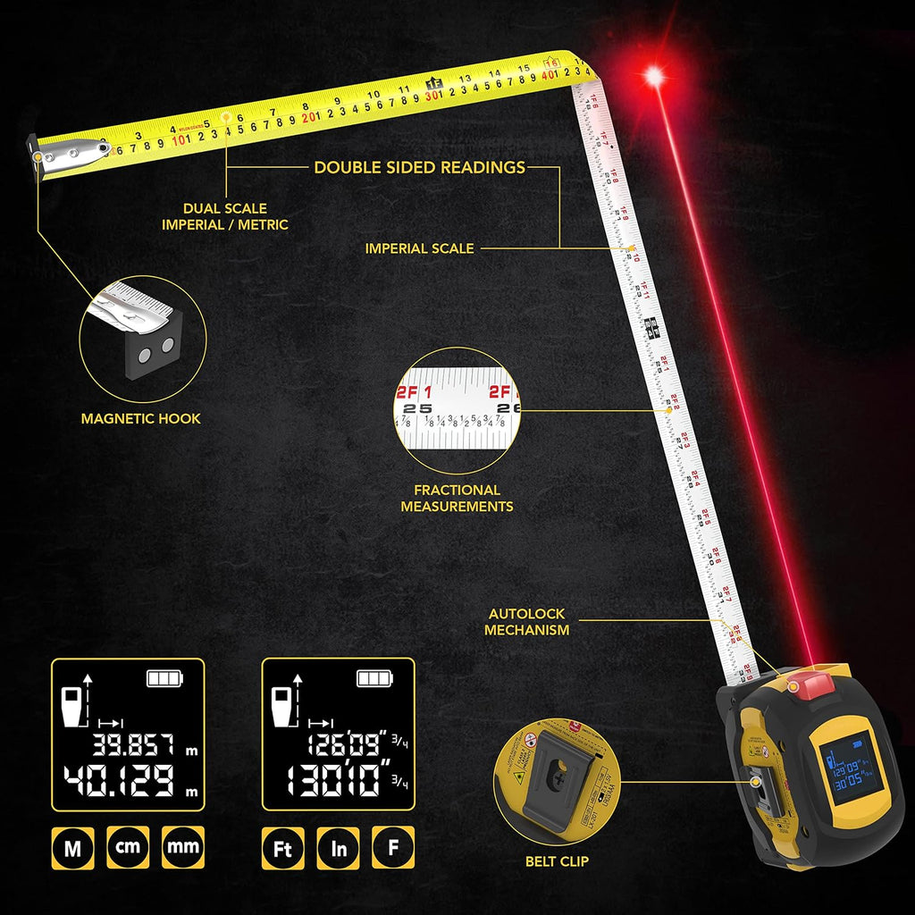 LEXIVON Cinta métrica láser digital 2 en 1 | Medidor de distancia láser de 40 m con pantalla LCD retroiluminada con cinta métrica AutoLock de 16 pies/5 m | Ft/pulgada/fracciones/M/mm (LX-201)