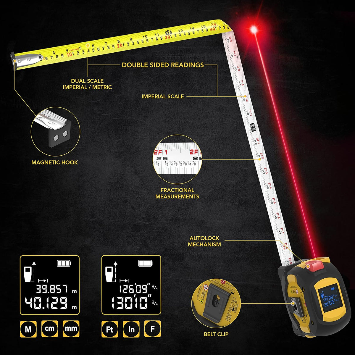 LEXIVON Cinta métrica láser digital 2 en 1 | Medidor de distancia láser de 40 m con pantalla LCD retroiluminada con cinta métrica AutoLock de 16 pies/5 m | Ft/pulgada/fracciones/M/mm (LX-201)