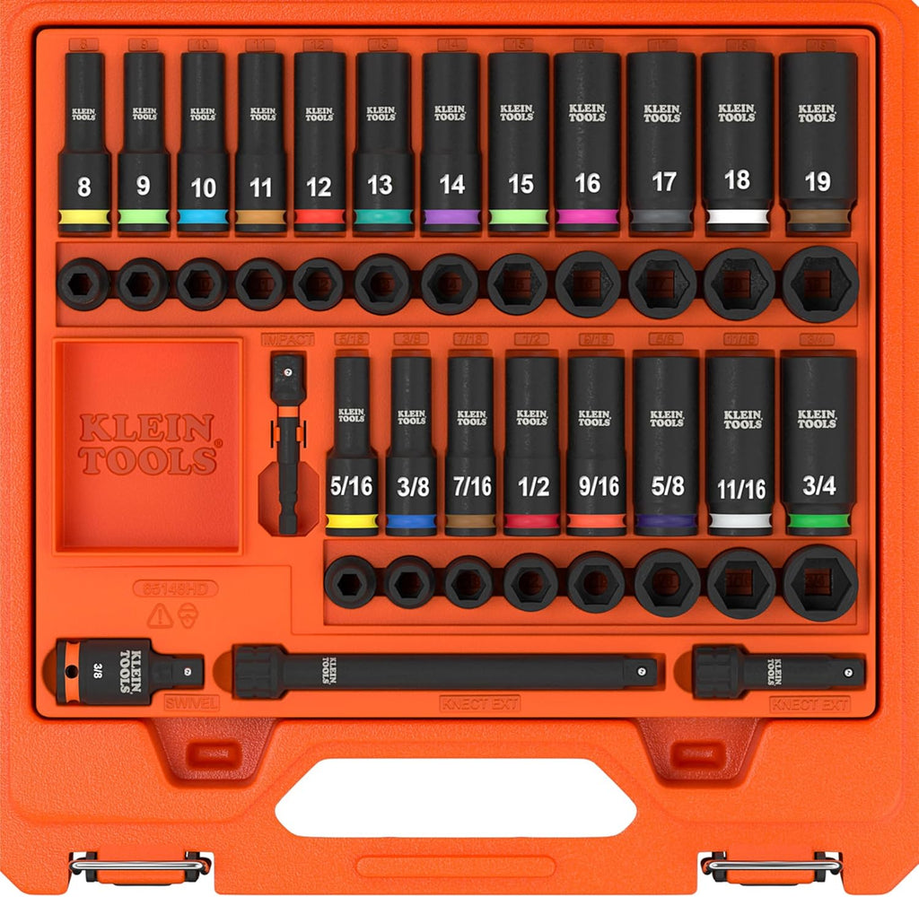 Klein Tools 65148HD KNECT Juego de llaves de impacto profundas y poco profundas, unidad de 3/8 pulgadas, SAE y métrico, juego de herramientas de 44 piezas, destornillador de impacto