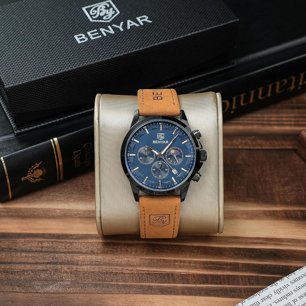 BENYAR Relojes para hombre, cronógrafo analógico de cuarzo, impermeables, relojes de pulsera para hombre, moda de negocios, trabajo, casual, deportivo, reloj de vestir con calendario