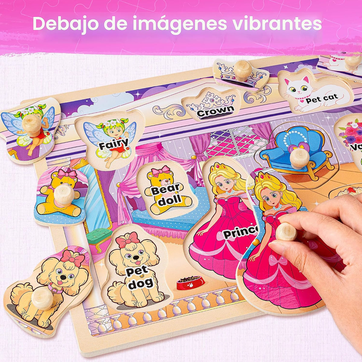 SYNARRY Rompecabezas de madera para niños pequeños de 1 a 3 años, 6 juegos de rompecabezas para niños de 1 a 3 años con estante, aprendiendo con forma de número del alfabeto, unicornio, princesa, sirena, animal, regalos para niñas de 2 a 4 años