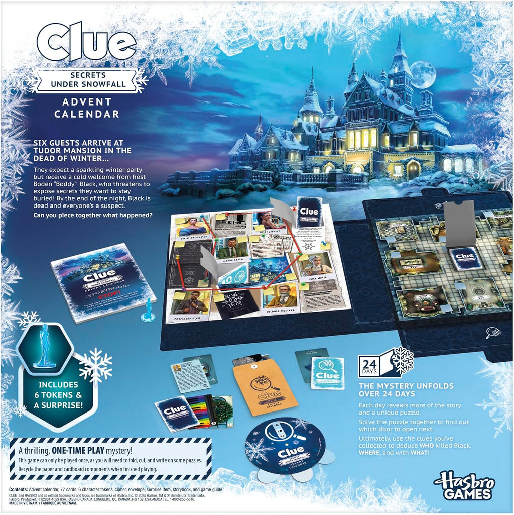 Calendario de Adviento Clue: Secretos bajo la nevada | 24 días | Juegos de misterio familiar | con 6 fichas temáticas de invierno y sorpresa | A partir de 10 años | 1 jugador