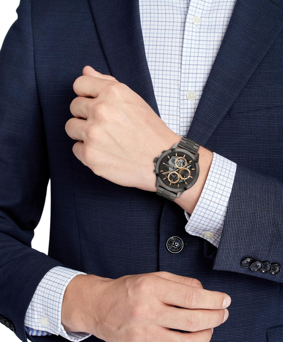 Reloj elegante de hombre Tommy Hilfiger – Cuarzo multifunción, caja de acero inoxidable, esfera esqueletizada, brazalete de eslabones – Regalo para él