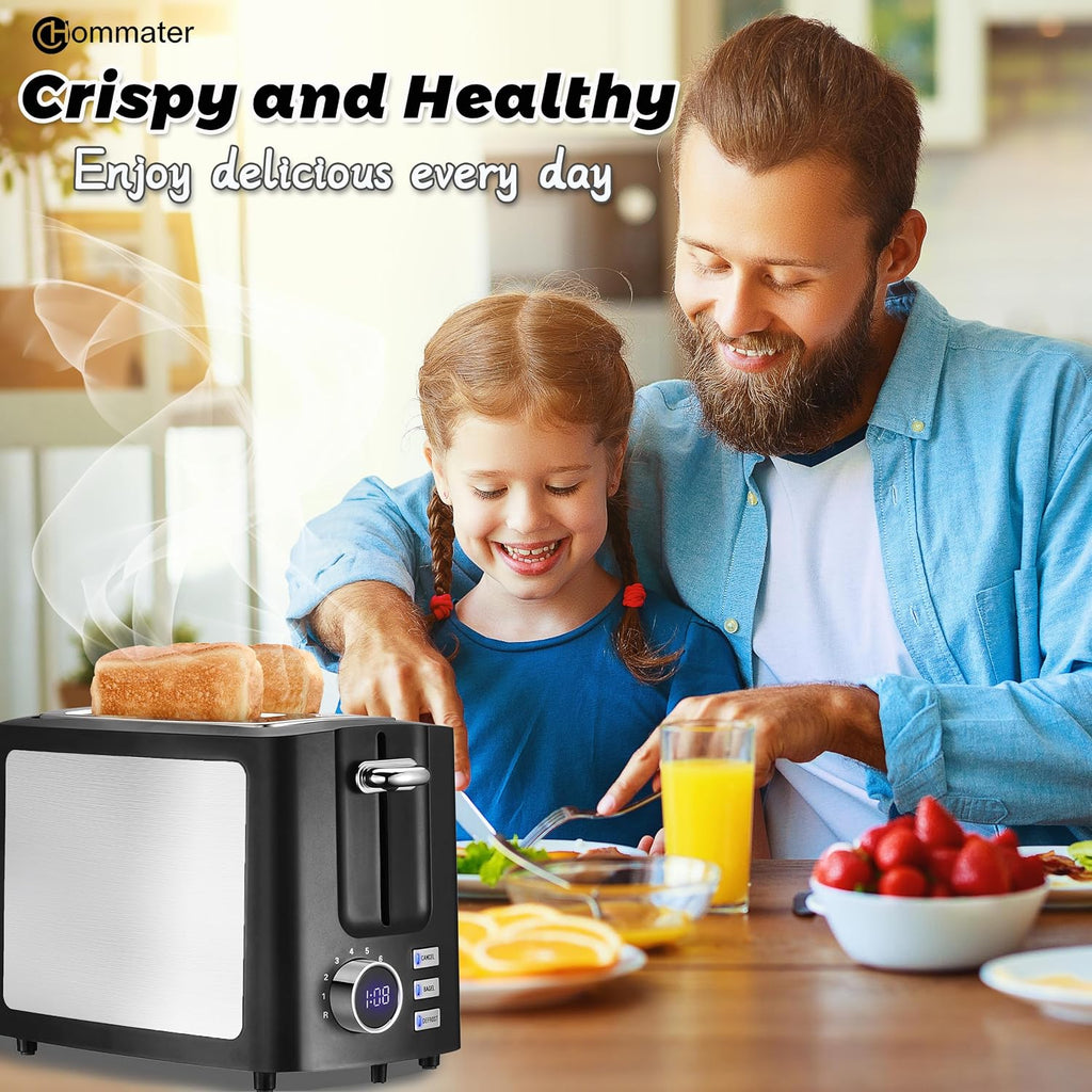 Tostadora de 2 rebanadas, tostadora negra Prime con pantalla LCD digital de cuenta regresiva para pantalla Tostadora inteligente de ranura ancha con bagel/función de descongelación/cancelación/recalentamiento y bandeja extraíble para migas
